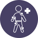 icon of person with points highlighting their arms, shoulders, and legs with the medical symbol at the top right